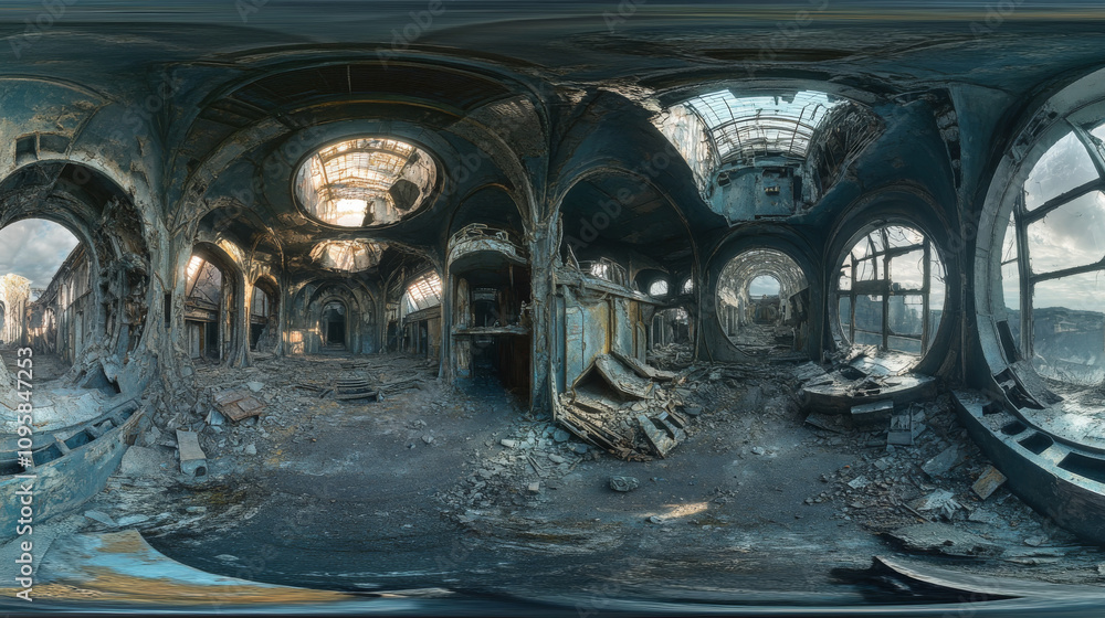 Poster 360 degree panorama view.a 3d image shows the inside of a dark, futuristic building in ruins. it's a