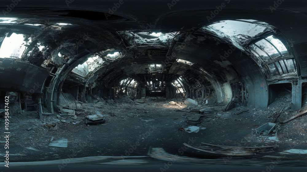 Poster 360 degree panorama view.a 3d image shows the inside of a dark, futuristic building in ruins. it's a