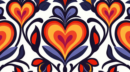 Colorful Geometric Pattern Featuring Repeating Heart and Tulip Motifs with Clean Lines Ideal for Modern Design Projects