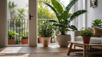 Fototapeta premium Bright, cozy space blending minimalist design with lush plants and sunlight.