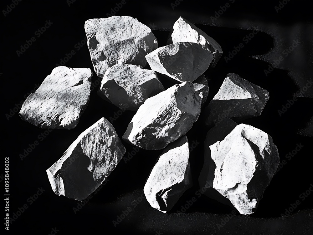 Poster monochrome close-up of rough, irregular, light-colored rocks on a dark background.