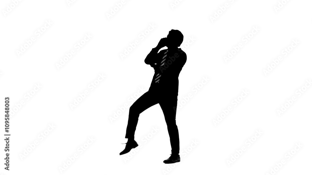 Aufkleber スマホで通話しながらダンスする男性ビジネスパーソンの全身シルエット