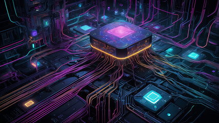 Fototapeta premium Futuristic neural network design, glowing circuits, cyberpunk color palette