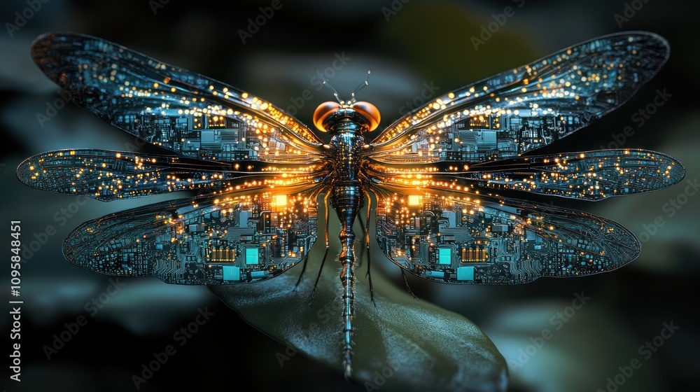 Poster a futuristic dragonfly with a body made of glowing circuit patterns.