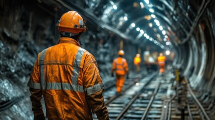Workers in safety gear walking through a lit underground tunnel.