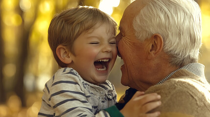Fototapeta premium Joyful Portrait of Grandpa and Grandson in Nature Autumn Park Emotional Connection and Bonding Moment