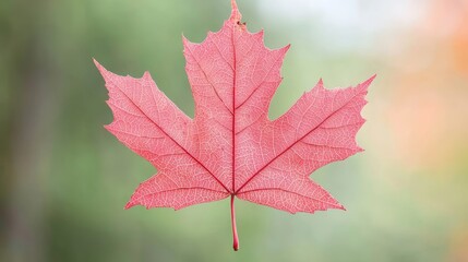 Obraz premium Captivating Close-Up of Red Maple Leaf with Intricate Veins and Autumn Hues on Greenery Background - Botanical Wonders Photo