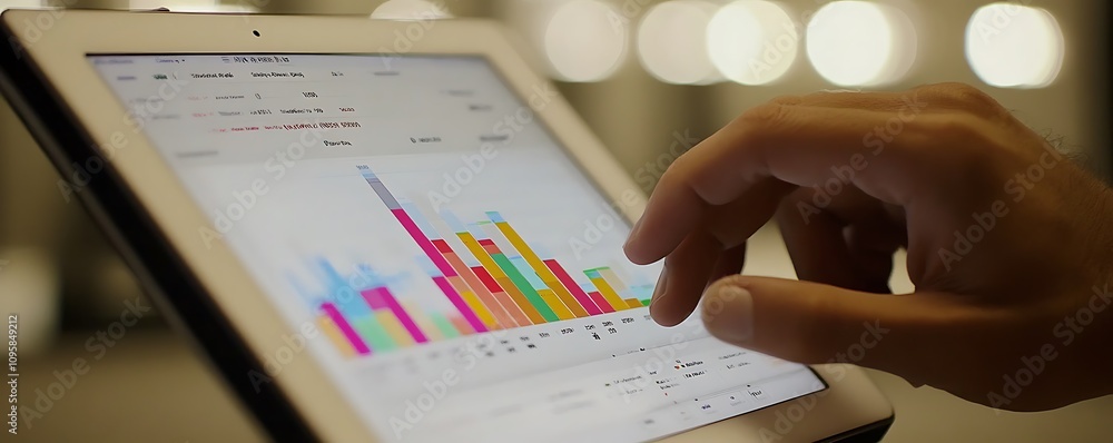 Poster a person interacting with a tablet displaying colorful data visualizations and graphs.