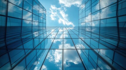 A view of skyscrapers reflecting clouds and blue sky, showcasing modern architecture.