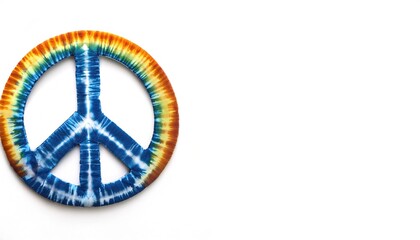 Tie dyed peace hippie 1960s groovy sign or symbol designed for the British nuclear disarmament movement in 1958 is now widely known as the peace sign.  Isolated on white background with copy space
