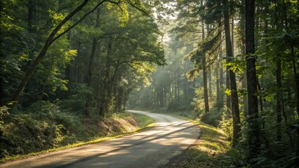 Fototapeta premium A winding forest road surrounded by dense foliage and tall trees with sunlight filtering through the leaves, leafy canopy, dense undergrowth, tall trees, natural beauty
