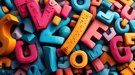 Naklejka premium A vibrant assortment of colorful, three-dimensional letters scattered playfully.