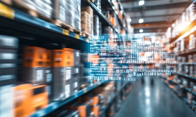 A blurred warehouse scene with shelves stocked and digital data overlay.