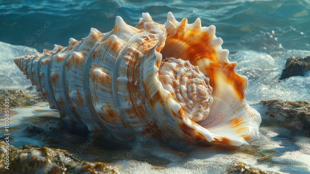 Poster a detailed close-up of a seashell resting on a rocky shore with ocean waves in the background.