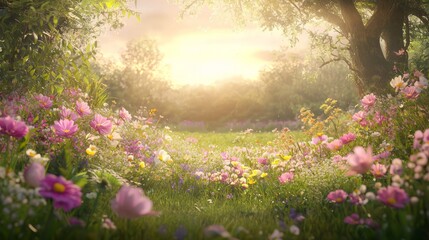 Obraz premium Golden Hour Glow: Dreamy Flower Field Illuminated by Warm Sunlight - Ultra-Detailed Botanical Wonders