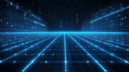 Obraz premium A digital landscape featuring a grid and glowing lines, evoking a futuristic atmosphere.