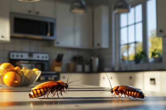 Two roaches sightseeing a spotless kitchen counter in a modern household, symbolizing an issue with pests