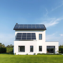 Fototapeta premium Modern two-story house with a flat roof covered entirely in solar panels, surrounded by lush green lawns