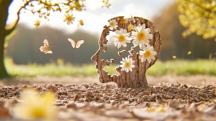 Conceptual representation of nature and humanity featuring a tree trunk liked human face filled with daisies and butterflies, symbolizing growth, creativity and inner beauty in a serene landscape.