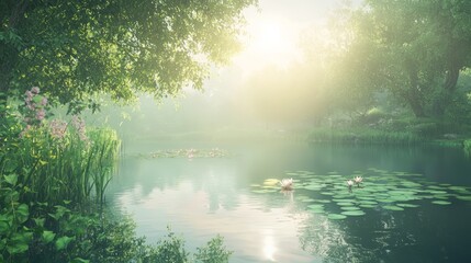 Obraz premium Serene Lakeside: Tranquil Water Lilies and Tree Reflections | Botanical Beauty in Nature