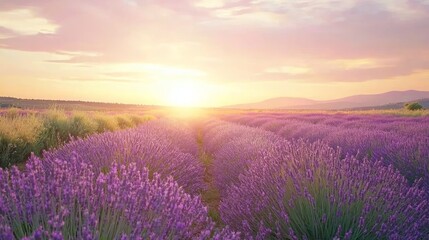 Obraz premium Enchanting Lavender Fields at Sunset - Botanical Wonders Landscape Photography