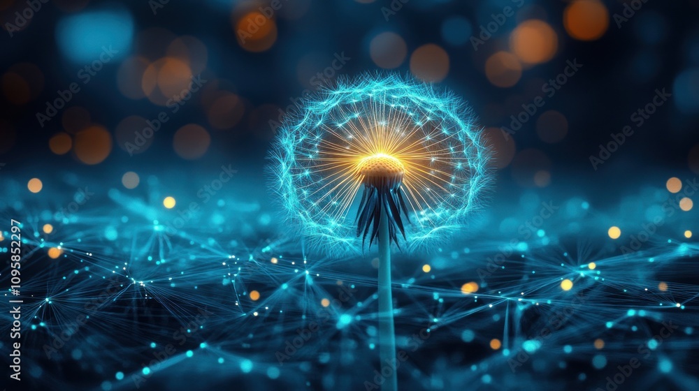 Aufkleber a glowing dandelion with a digital network backdrop, symbolizing connection and innovation.