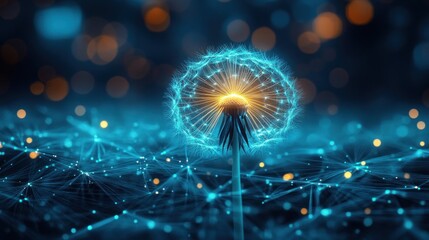 Fototapeta premium A glowing dandelion with a digital network backdrop, symbolizing connection and innovation.