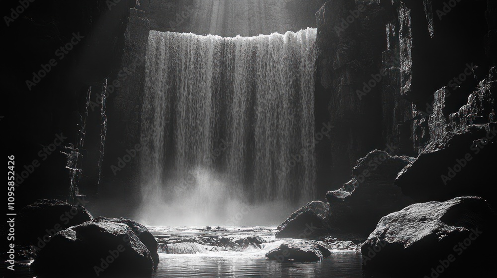 Poster A monochromatic waterfall cascading into a serene pool, illuminated by soft light.