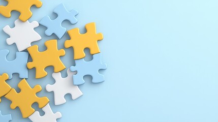 Obraz premium Blue White Yellow Jigsaw Puzzle Pieces on Light Blue Background