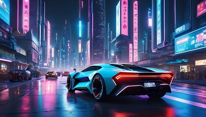 Futuristic cityscape at night, neon lights, cyberpunk vibe, flying cars, high-tech architecture
