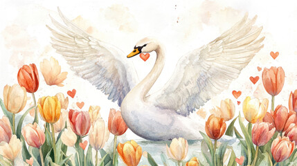 Enchanting Watercolor Illustration of a Graceful Swan with Heart-Shaped Wings Surrounded by Beautiful Tulips in a Serene Natural Setting
