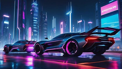 Futuristic cityscape at night, neon lights, cyberpunk vibe, flying cars, high-tech architecture