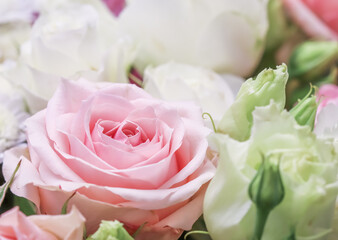 Pink rose in flower arrangement. Decoration roses and ornamental plants