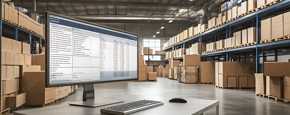 Poster a computer monitor displays data in a warehouse filled with stacked cardboard boxes.