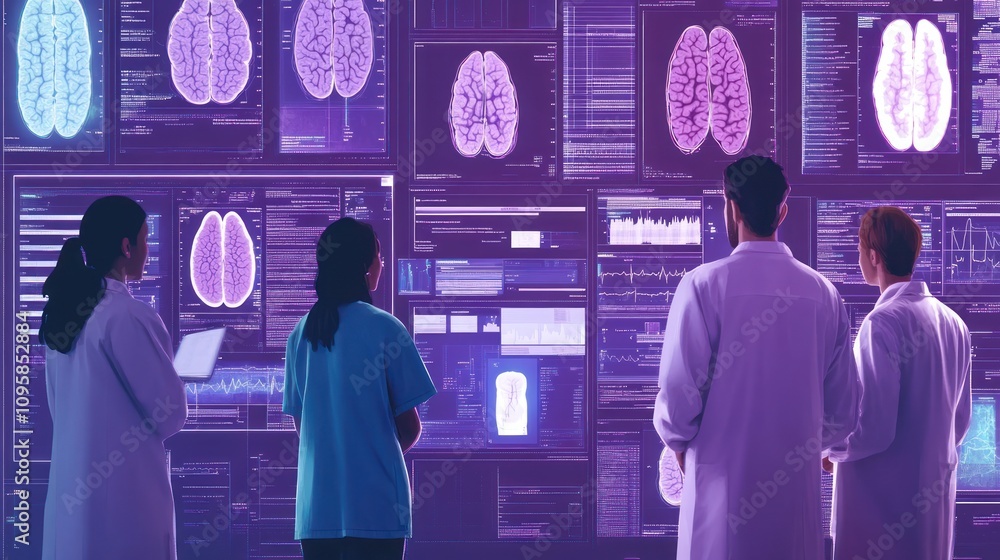 Poster scientists analyzing brain scans on digital displays in a research environment.