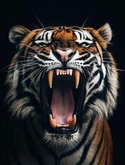 Obraz premium A close-up portrait of a tiger roaring with its mouth wide open, revealing its sharp teeth.
