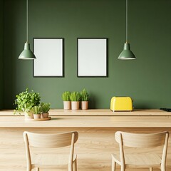 A modern kitchen with green walls, wooden counter, yellow toaster, plants, and two green pendant lights. Two wooden chairs face the counter. Two blank frames hang on the wall.