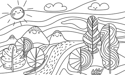 Landscape illustration with smiling sun, clouds and mountain. Hills, trees, fields and sky ideal for coloring pages, educational activities for kids, printable worksheets for kids