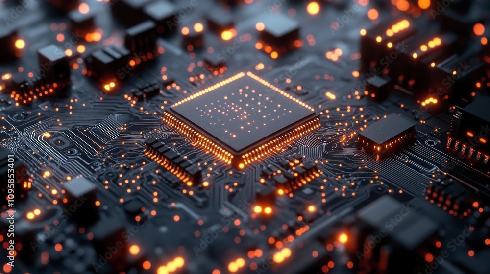 Poster a close-up view of a circuit board with glowing components, symbolizing technology and innovation.