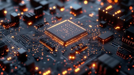 Obraz premium A close-up view of a circuit board with glowing components, symbolizing technology and innovation.
