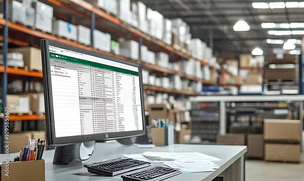 Poster a computer displaying a spreadsheet in a warehouse setting, emphasizing inventory management.