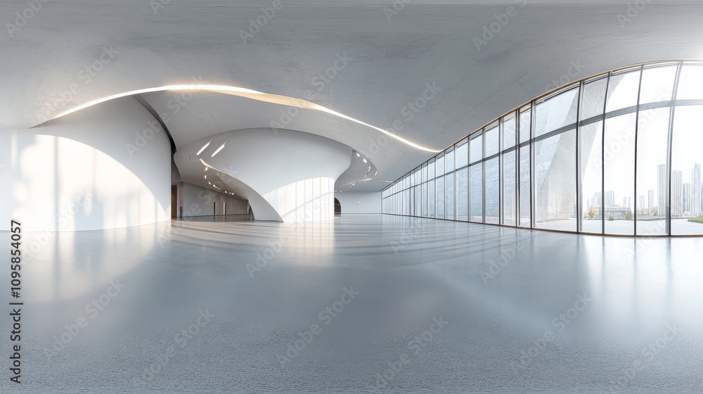 Poster 360 degree panorama view.a 3d rendering shows a bright, empty hall. it's a panoramic view of a moder