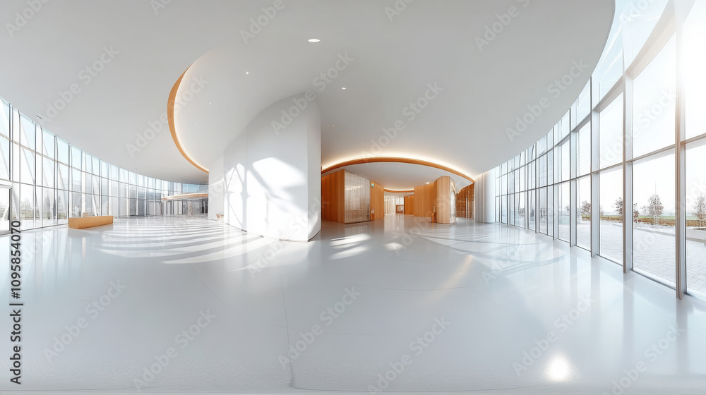 Poster 360 degree panorama view.a 3d rendering shows a bright, empty hall. it's a panoramic view of a moder