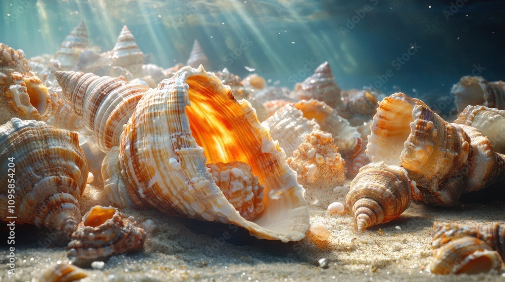 Aufkleber underwater scene featuring various seashells on the ocean floor with soft light.