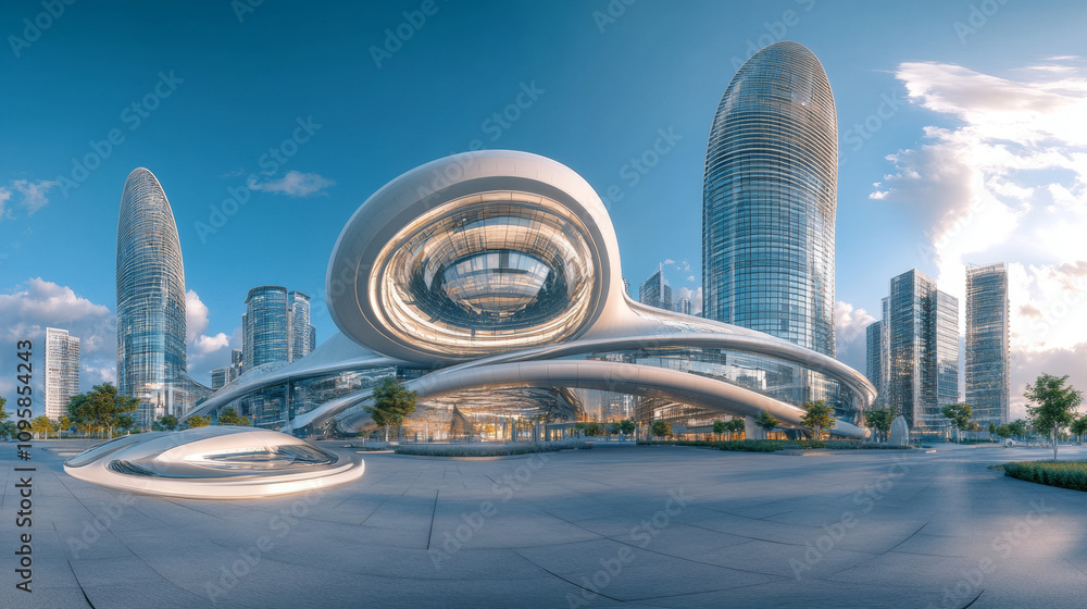 Poster 360 degree panorama view.a futuristic 3d rendering showing modern architecture.