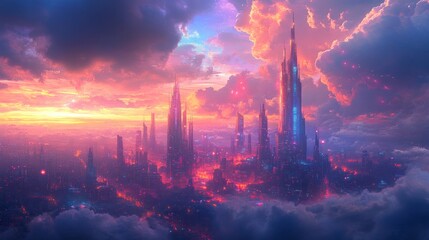 Obraz premium A vibrant, futuristic cityscape under a colorful sunset with towering spires and clouds.