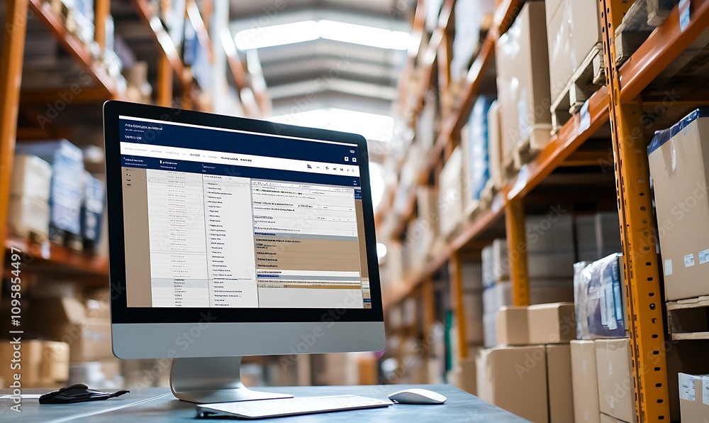 Poster Computer monitor displaying inventory management software in a warehouse setting.