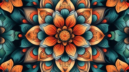Intricate orange and teal floral mandala design.