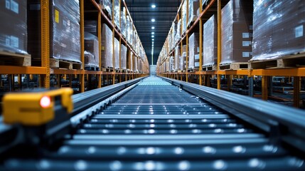 Obraz premium A warehouse interior featuring a conveyor system and stacked pallets for efficient storage.