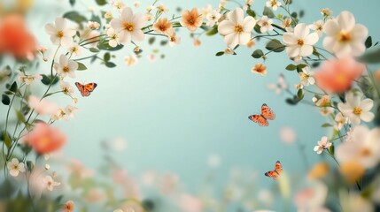 A vibrant floral scene featuring delicate flowers and graceful butterflies against a soft blue background, evoking a sense of serenity and nature's beauty.